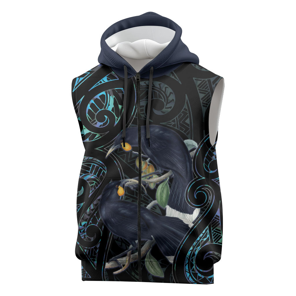 New Zealand Huia Bird Sleeveless Zip Hoodie Paua Shell Maori Pattern