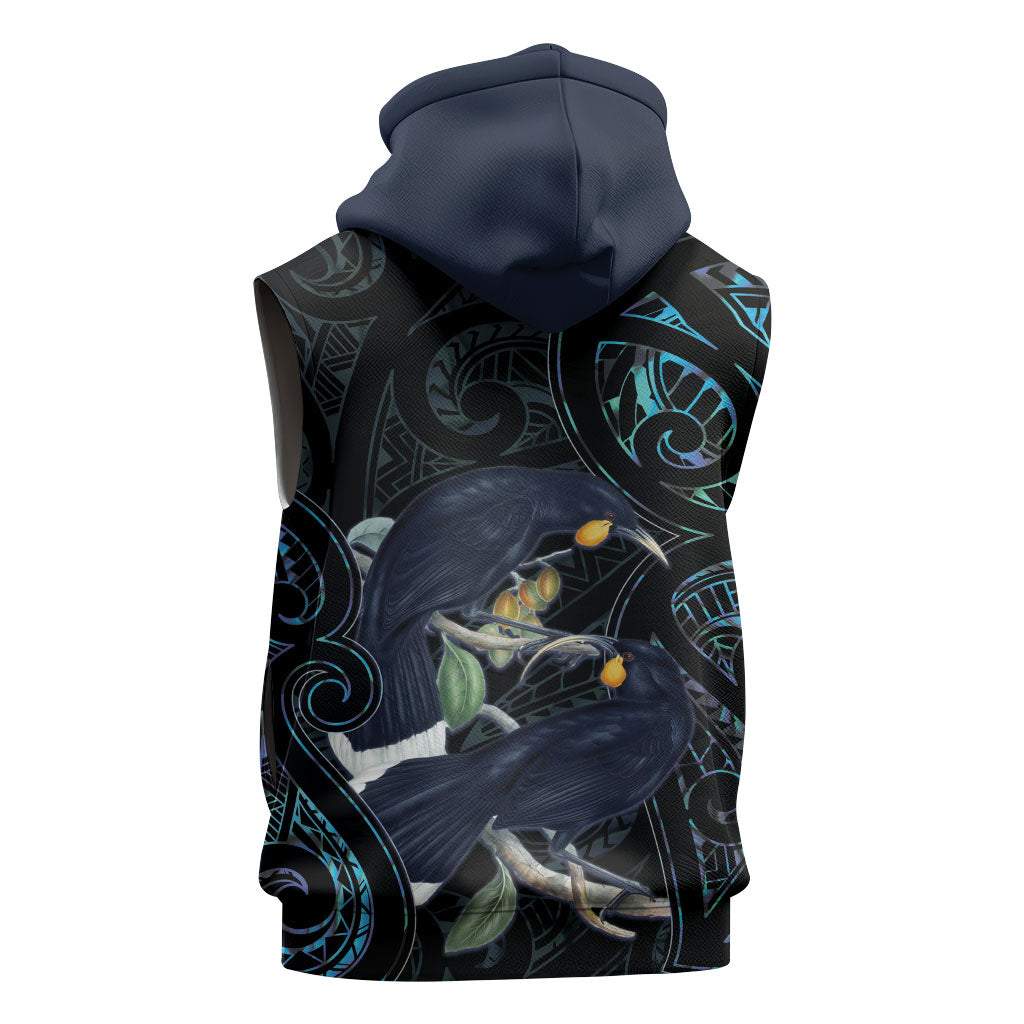 New Zealand Huia Bird Sleeveless Zip Hoodie Paua Shell Maori Pattern