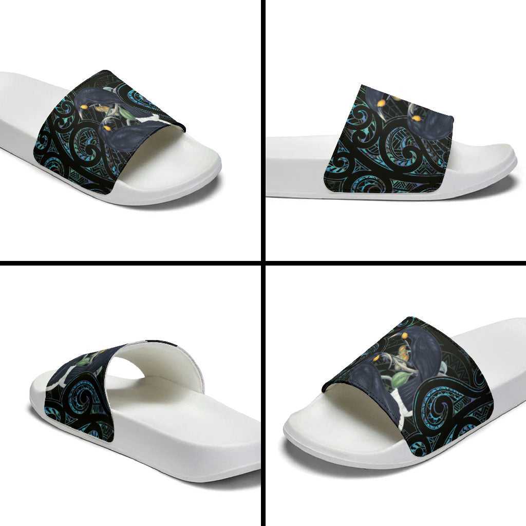 New Zealand Huia Bird Slide Sandals Paua Shell Maori Pattern