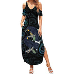 New Zealand Huia Bird Summer Maxi Dress Paua Shell Maori Pattern