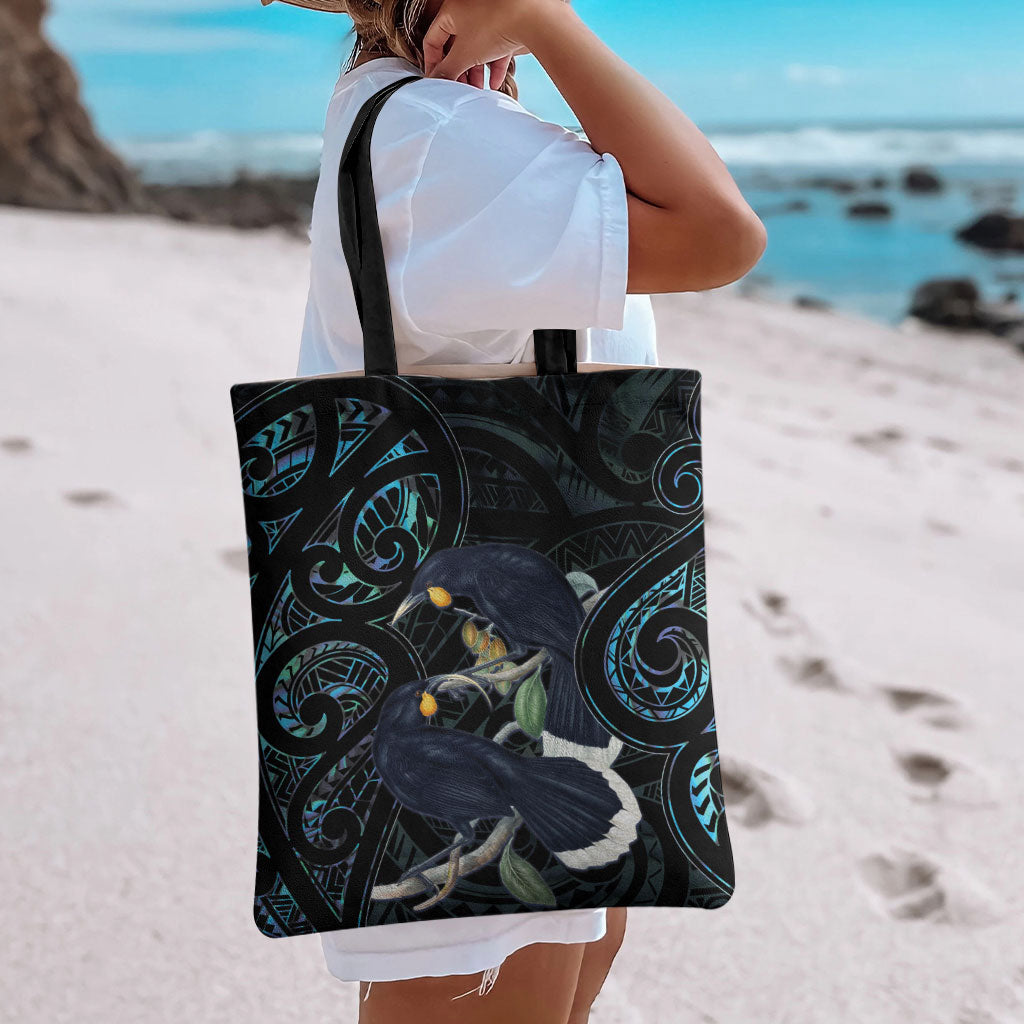 New Zealand Huia Bird Tote Bag Paua Shell Maori Pattern