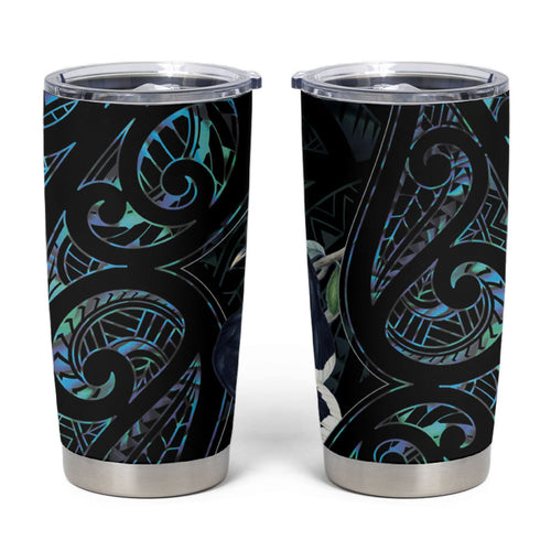 New Zealand Huia Bird Tumbler Cup Paua Shell Maori Pattern