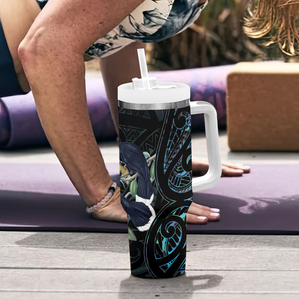 New Zealand Huia Bird Tumbler With Handle Paua Shell Maori Pattern
