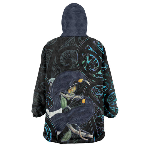 New Zealand Huia Bird Wearable Blanket Hoodie Paua Shell Maori Pattern