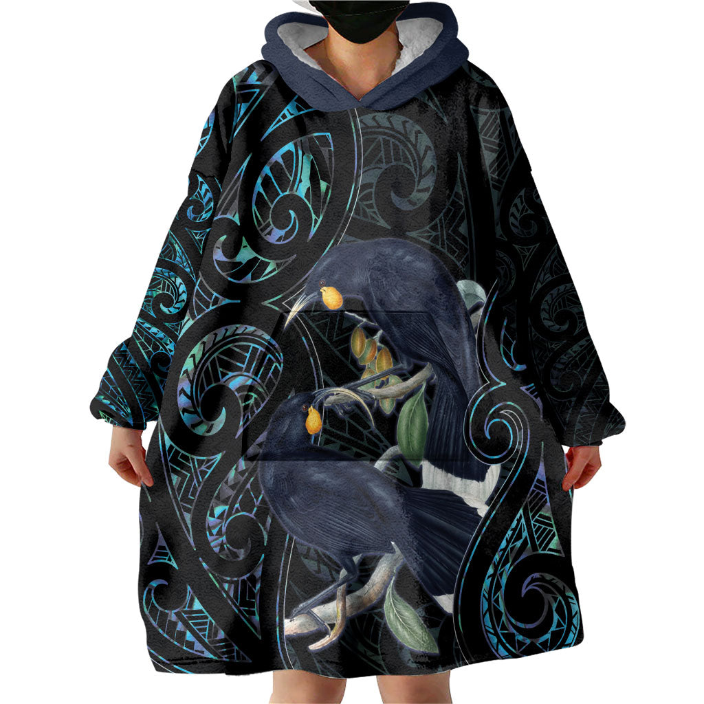 New Zealand Huia Bird Wearable Blanket Hoodie Paua Shell Maori Pattern