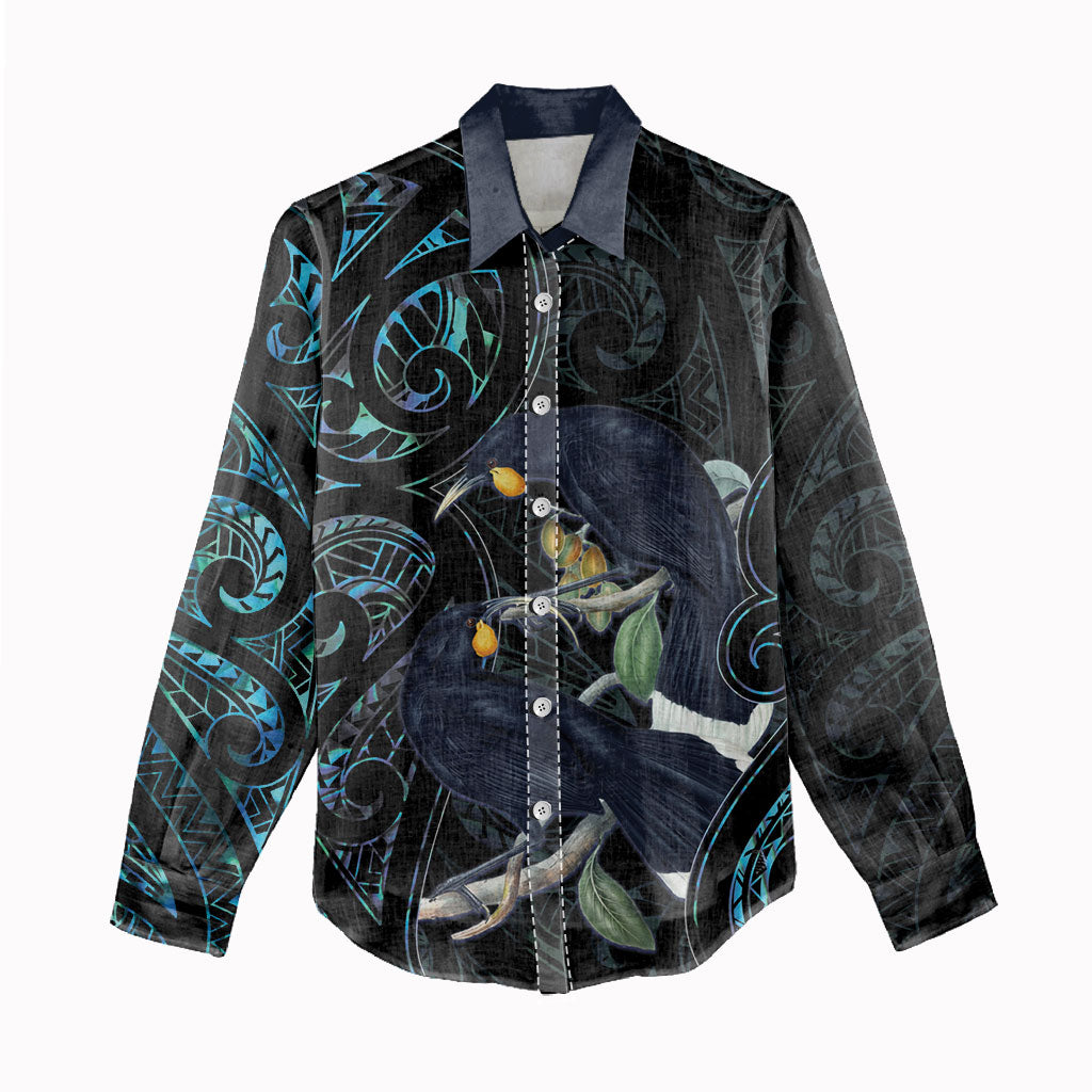New Zealand Huia Bird Women Casual Shirt Paua Shell Maori Pattern