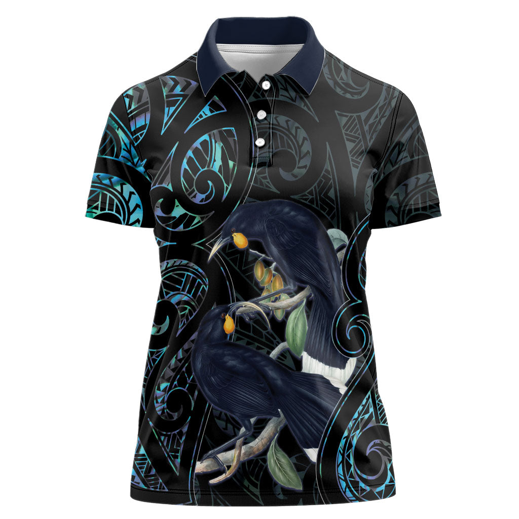 New Zealand Huia Bird Women Polo Shirt Paua Shell Maori Pattern