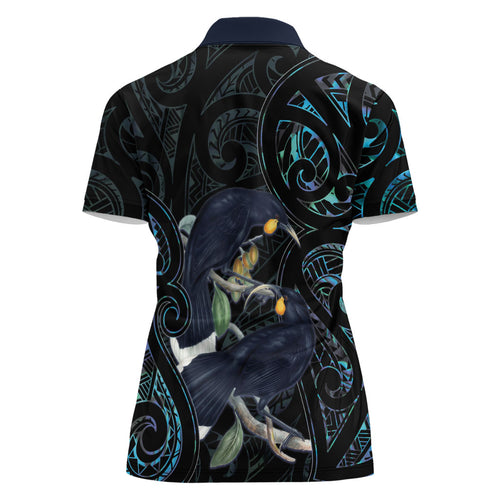 New Zealand Huia Bird Women Polo Shirt Paua Shell Maori Pattern