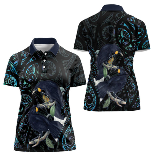 New Zealand Huia Bird Women Polo Shirt Paua Shell Maori Pattern