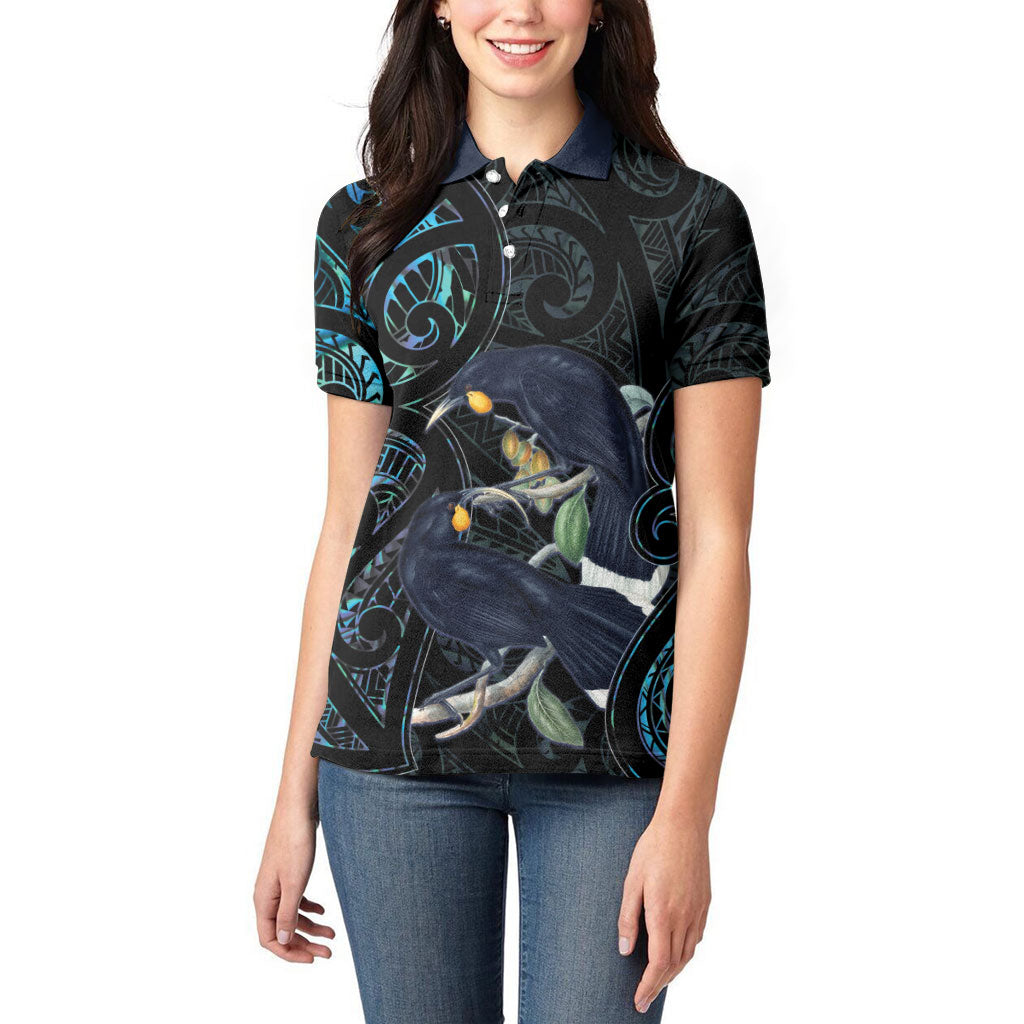 New Zealand Huia Bird Women Polo Shirt Paua Shell Maori Pattern