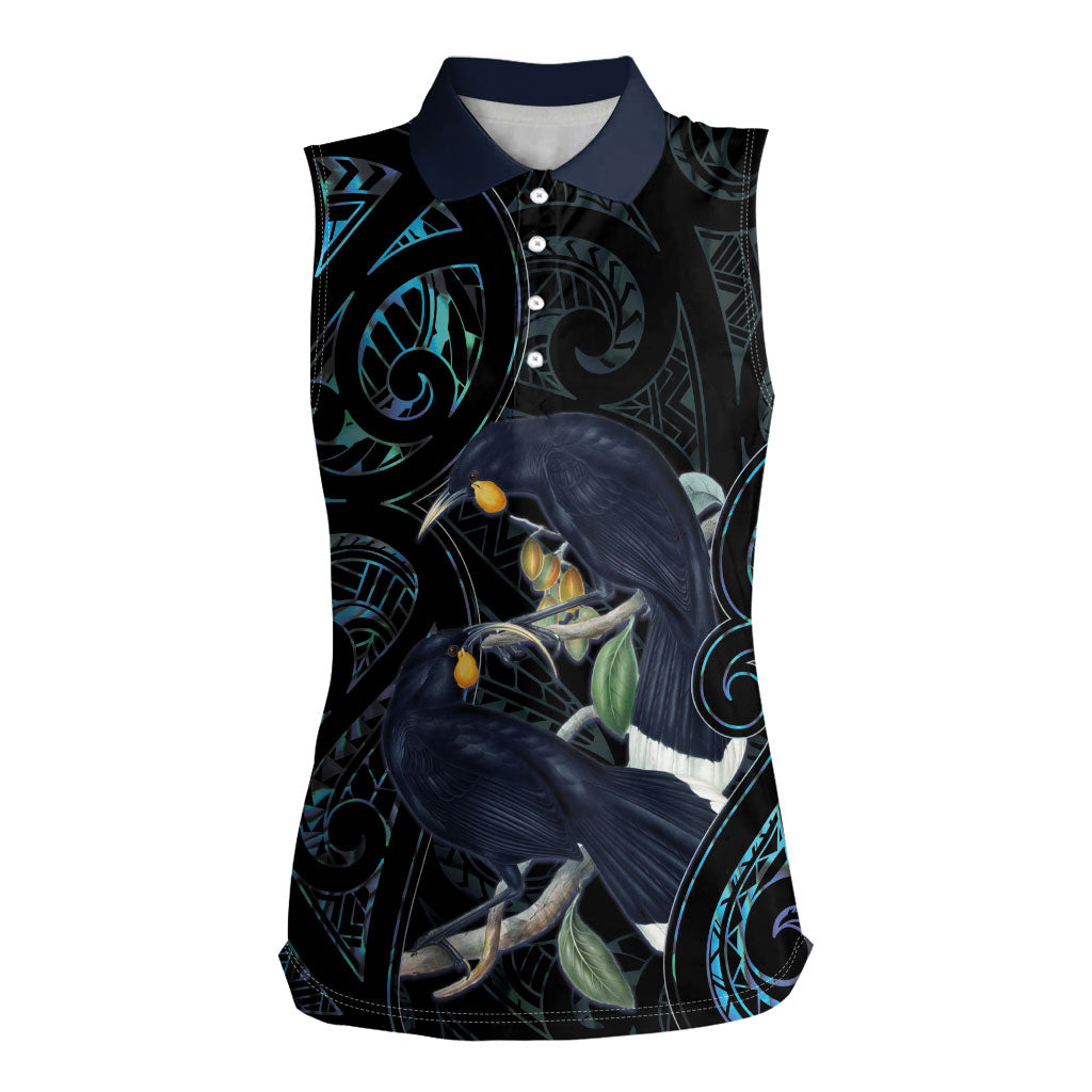New Zealand Huia Bird Women Sleeveless Polo Shirt Paua Shell Maori Pattern