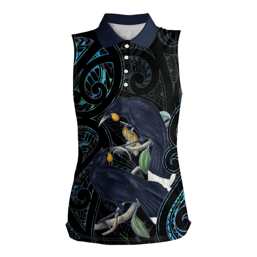 New Zealand Huia Bird Women Sleeveless Polo Shirt Paua Shell Maori Pattern