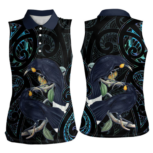 New Zealand Huia Bird Women Sleeveless Polo Shirt Paua Shell Maori Pattern