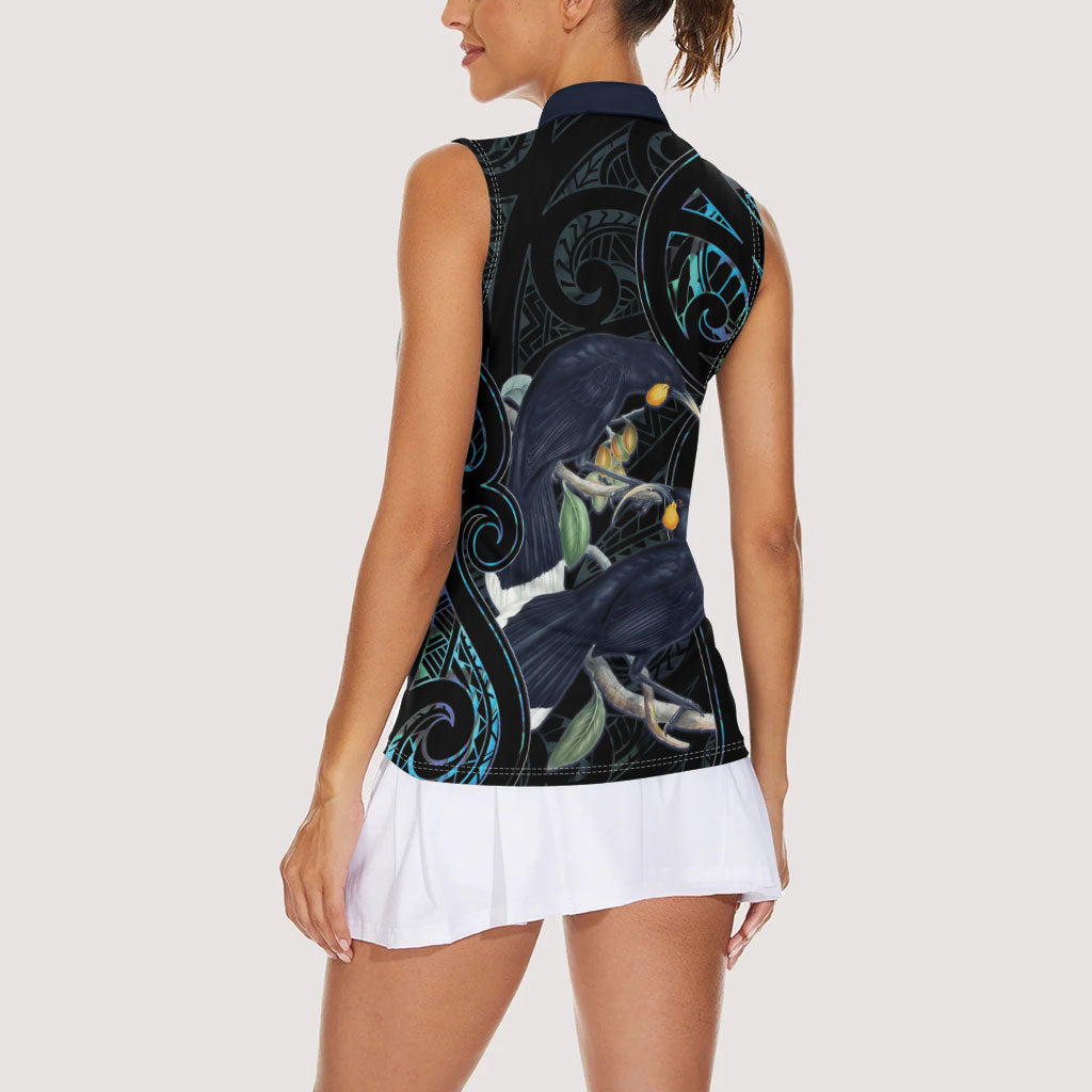 New Zealand Huia Bird Women Sleeveless Polo Shirt Paua Shell Maori Pattern