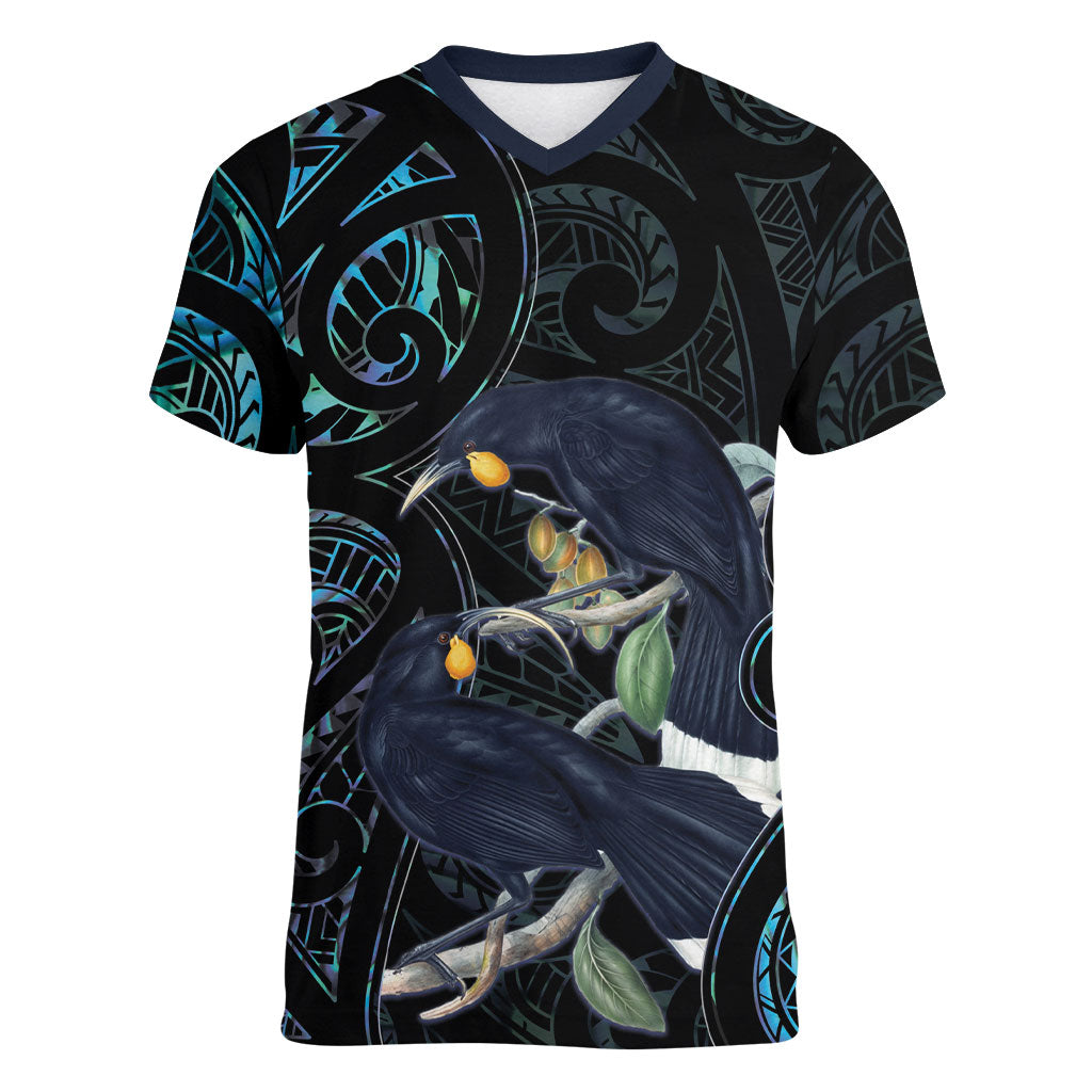 New Zealand Huia Bird Women V-Neck T-Shirt Paua Shell Maori Pattern
