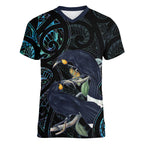 New Zealand Huia Bird Women V-Neck T-Shirt Paua Shell Maori Pattern