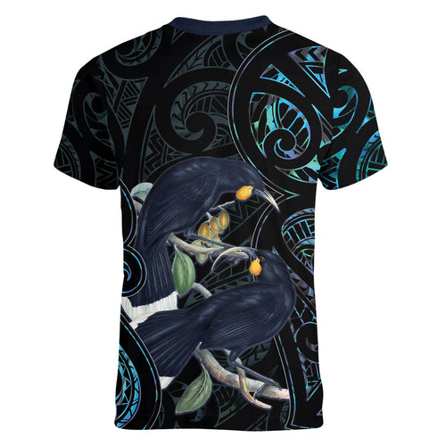 New Zealand Huia Bird Women V-Neck T-Shirt Paua Shell Maori Pattern