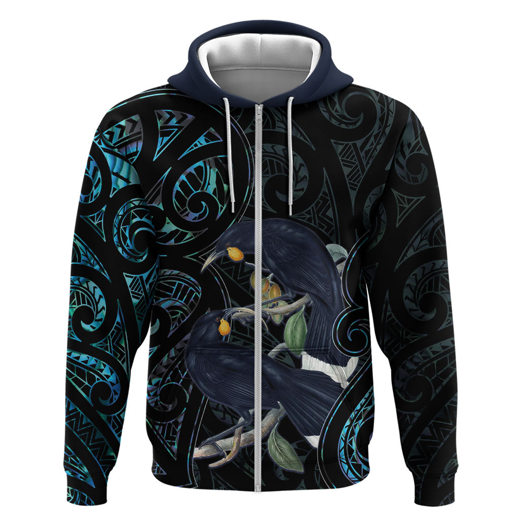 New Zealand Huia Bird Zip Hoodie Paua Shell Maori Pattern