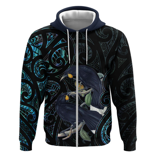 New Zealand Huia Bird Zip Hoodie Paua Shell Maori Pattern