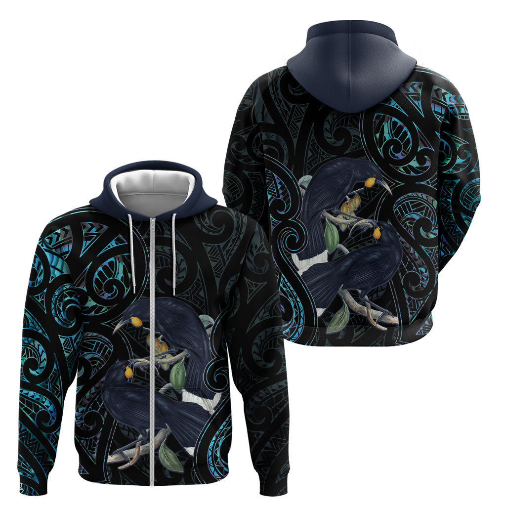 New Zealand Huia Bird Zip Hoodie Paua Shell Maori Pattern