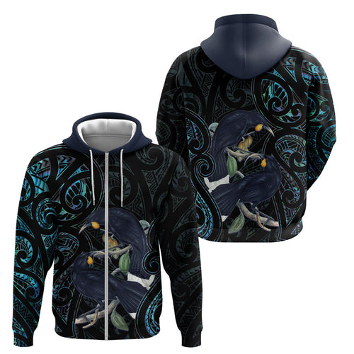 New Zealand Huia Bird Zip Hoodie Paua Shell Maori Pattern