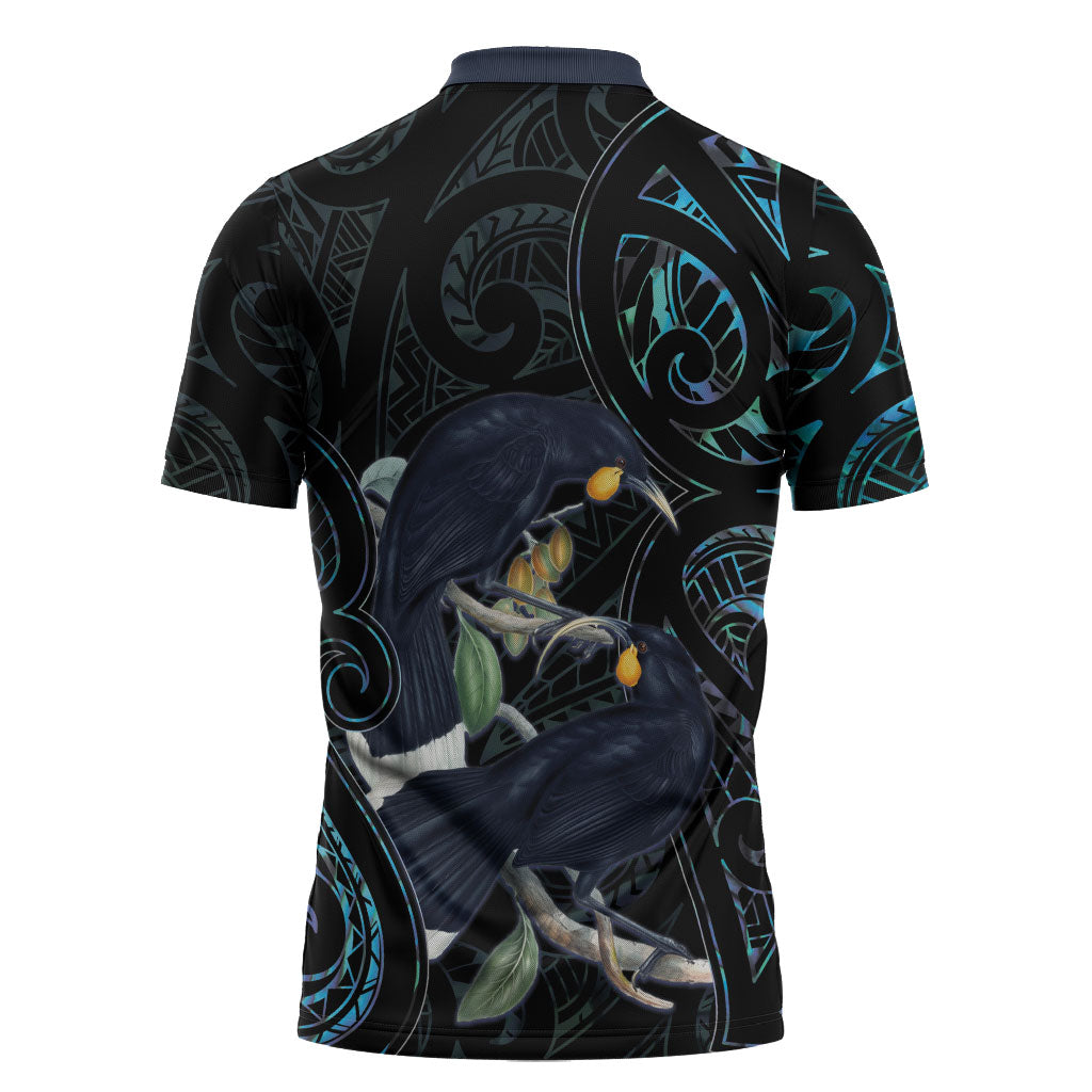 New Zealand Huia Bird Zipper Polo Shirt Paua Shell Maori Pattern