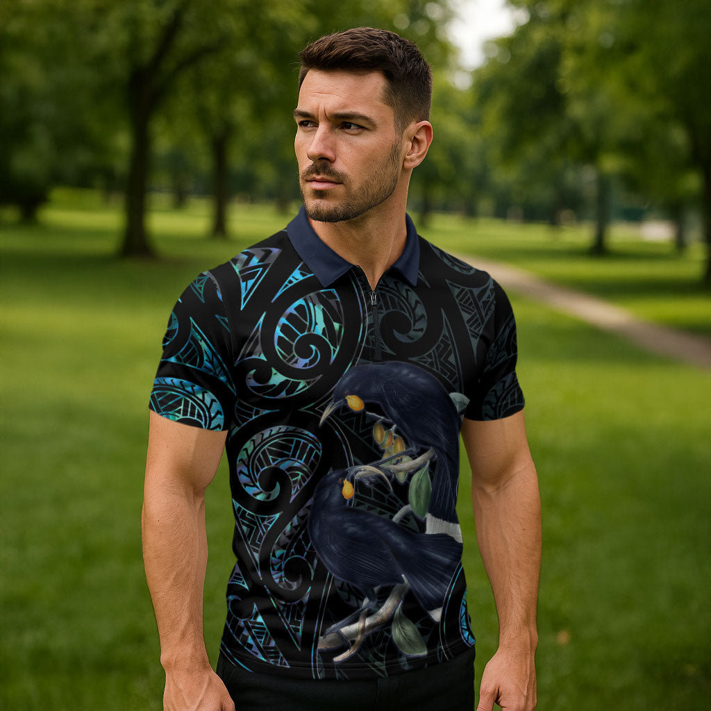 New Zealand Huia Bird Zipper Polo Shirt Paua Shell Maori Pattern
