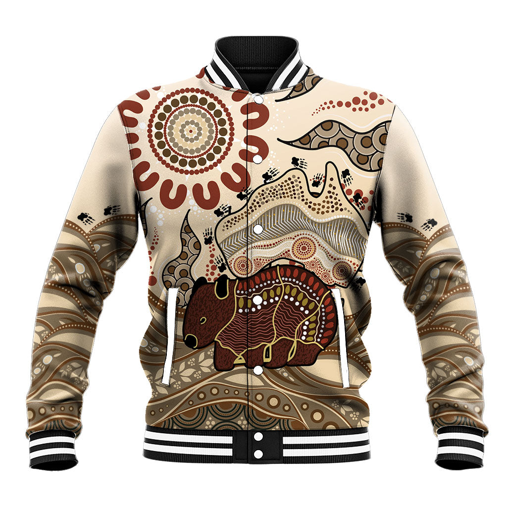 Australia Wombat Baseball Jacket Aussie Map Aboriginal Pattern