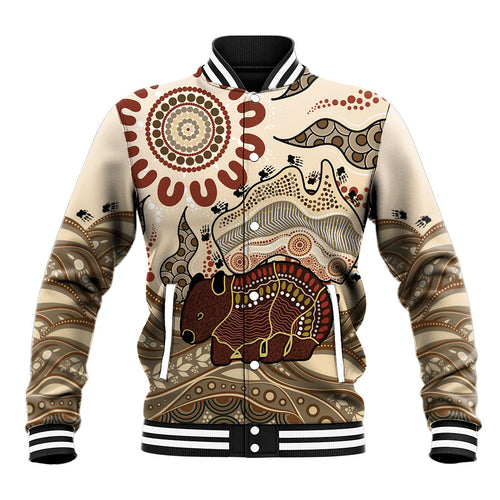 Australia Wombat Baseball Jacket Aussie Map Aboriginal Pattern