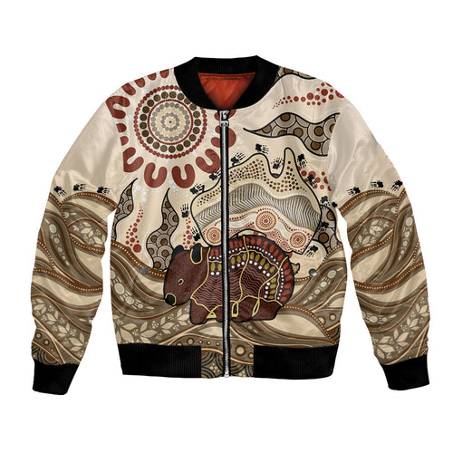 Australia Wombat Bomber Jacket Aussie Map Aboriginal Pattern