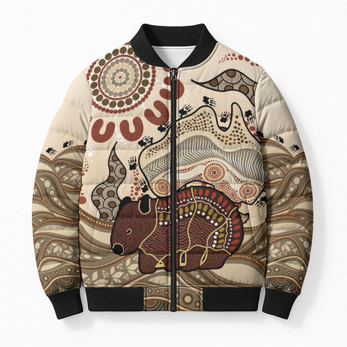 Australia Wombat Bomber Puffer Jacket Aussie Map Aboriginal Pattern