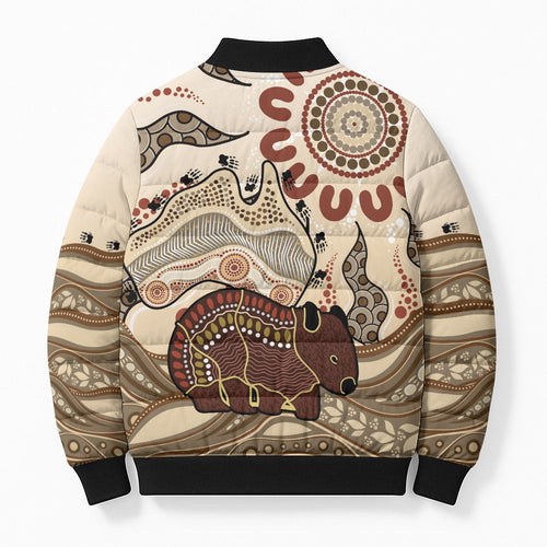 Australia Wombat Bomber Puffer Jacket Aussie Map Aboriginal Pattern