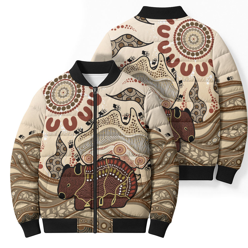 Australia Wombat Bomber Puffer Jacket Aussie Map Aboriginal Pattern