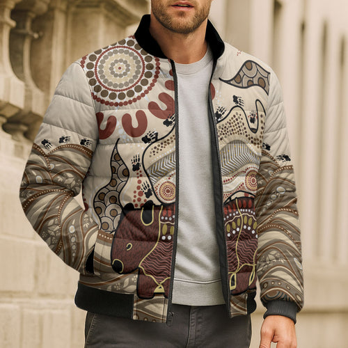 Australia Wombat Bomber Puffer Jacket Aussie Map Aboriginal Pattern
