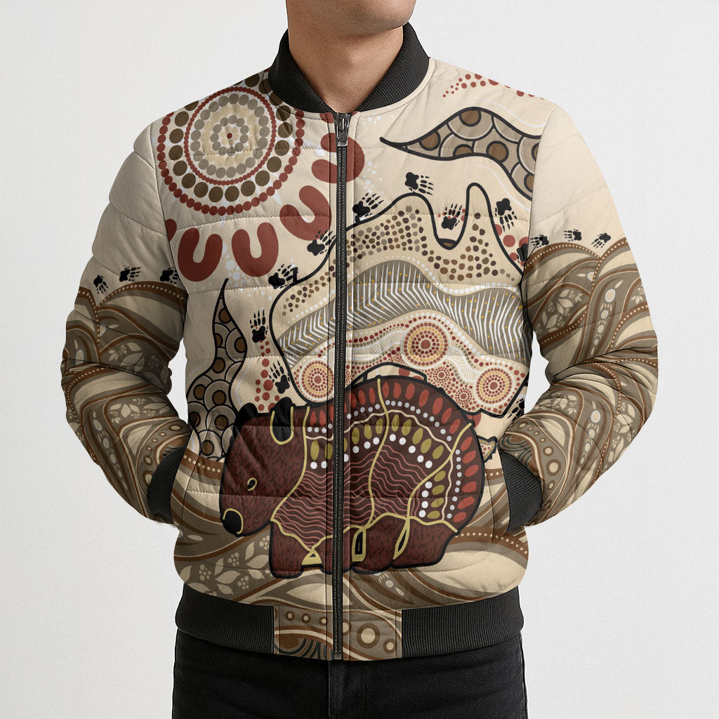 Australia Wombat Bomber Puffer Jacket Aussie Map Aboriginal Pattern