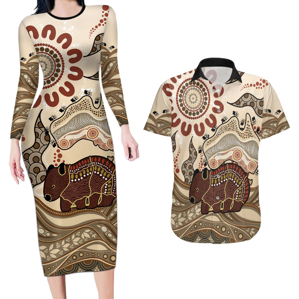 Australia Wombat Couples Matching Long Sleeve Bodycon Dress and Hawaiian Shirt Aussie Map Aboriginal Pattern