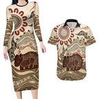 Australia Wombat Couples Matching Long Sleeve Bodycon Dress and Hawaiian Shirt Aussie Map Aboriginal Pattern