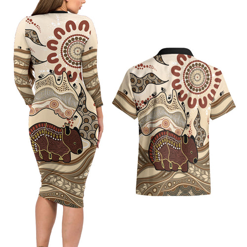 Australia Wombat Couples Matching Long Sleeve Bodycon Dress and Hawaiian Shirt Aussie Map Aboriginal Pattern