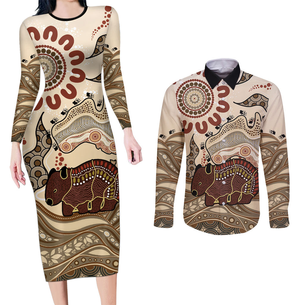 Australia Wombat Couples Matching Long Sleeve Bodycon Dress and Long Sleeve Button Shirt Aussie Map Aboriginal Pattern