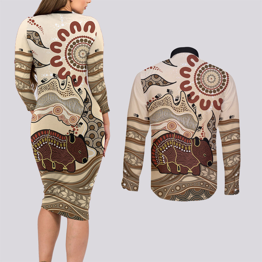 Australia Wombat Couples Matching Long Sleeve Bodycon Dress and Long Sleeve Button Shirt Aussie Map Aboriginal Pattern