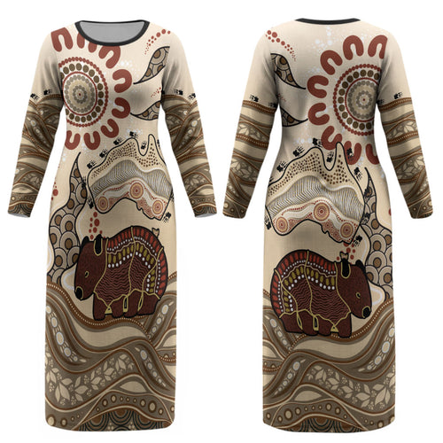 Australia Wombat Couples Matching Long Sleeve Bodycon Dress and Long Sleeve Button Shirt Aussie Map Aboriginal Pattern LT22
