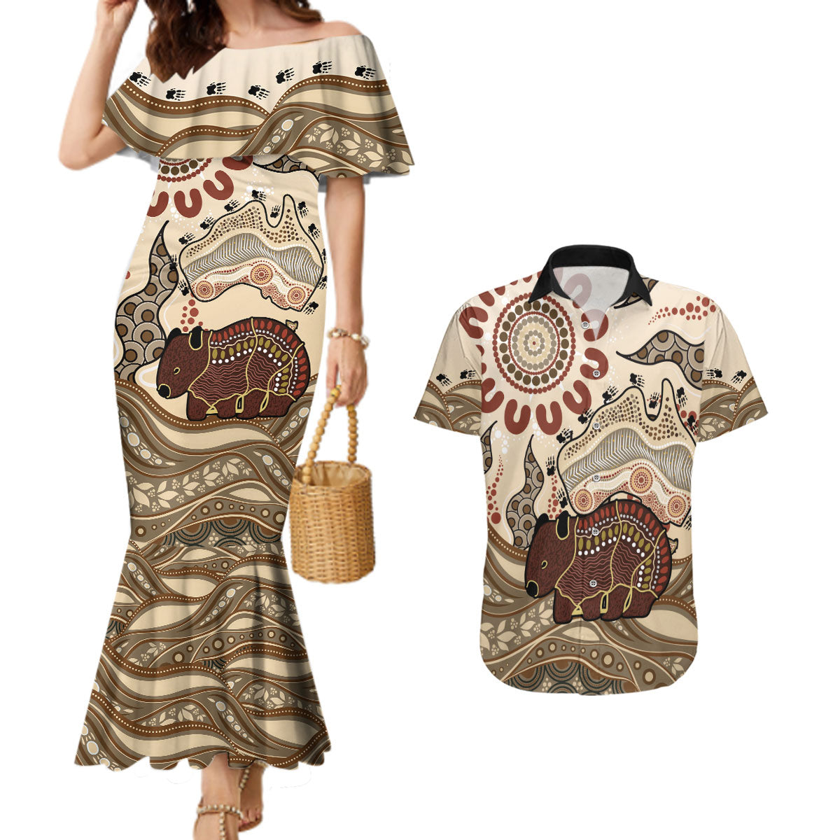 Australia Wombat Couples Matching Mermaid Dress and Hawaiian Shirt Aussie Map Aboriginal Pattern