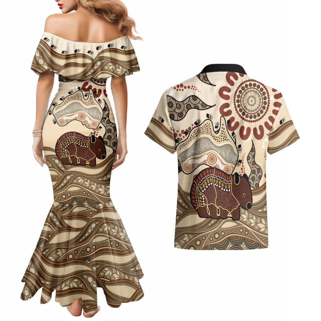 Australia Wombat Couples Matching Mermaid Dress and Hawaiian Shirt Aussie Map Aboriginal Pattern