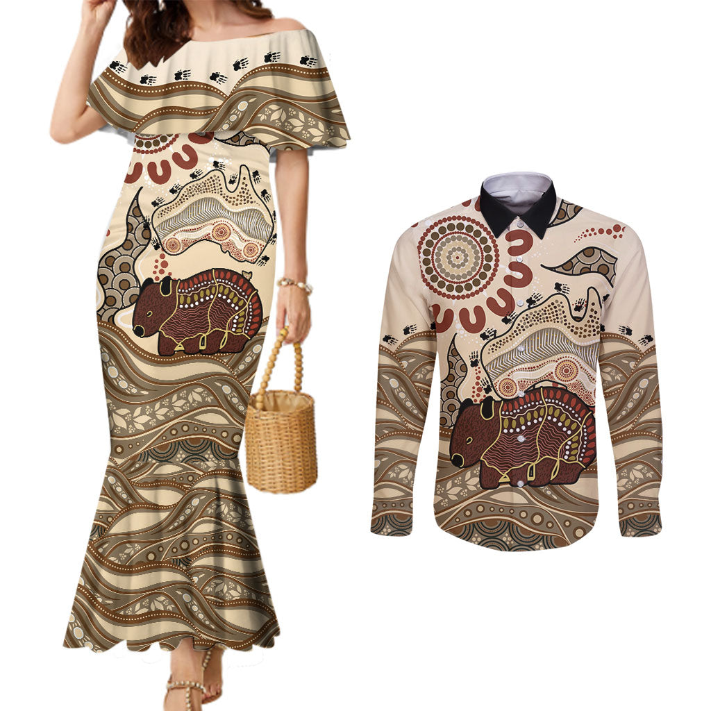 Australia Wombat Couples Matching Mermaid Dress and Long Sleeve Button Shirt Aussie Map Aboriginal Pattern