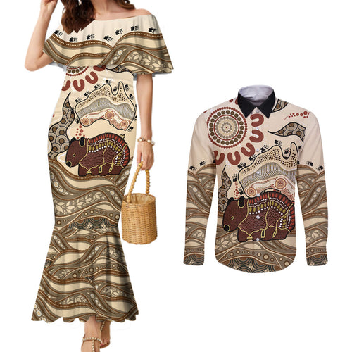 Australia Wombat Couples Matching Mermaid Dress and Long Sleeve Button Shirt Aussie Map Aboriginal Pattern