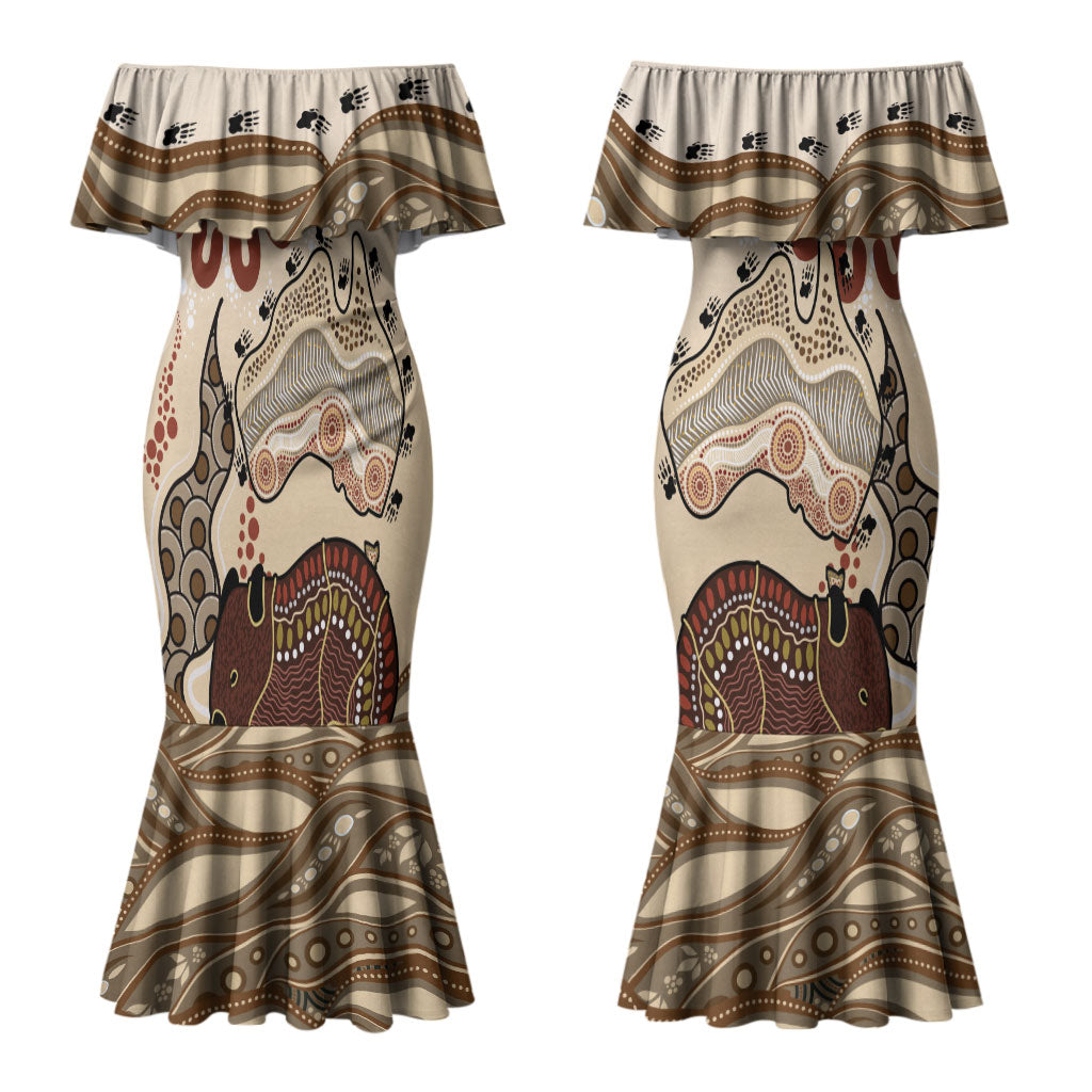 Australia Wombat Couples Matching Mermaid Dress and Long Sleeve Button Shirt Aussie Map Aboriginal Pattern LT22