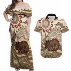 Australia Wombat Couples Matching Off Shoulder Maxi Dress and Hawaiian Shirt Aussie Map Aboriginal Pattern