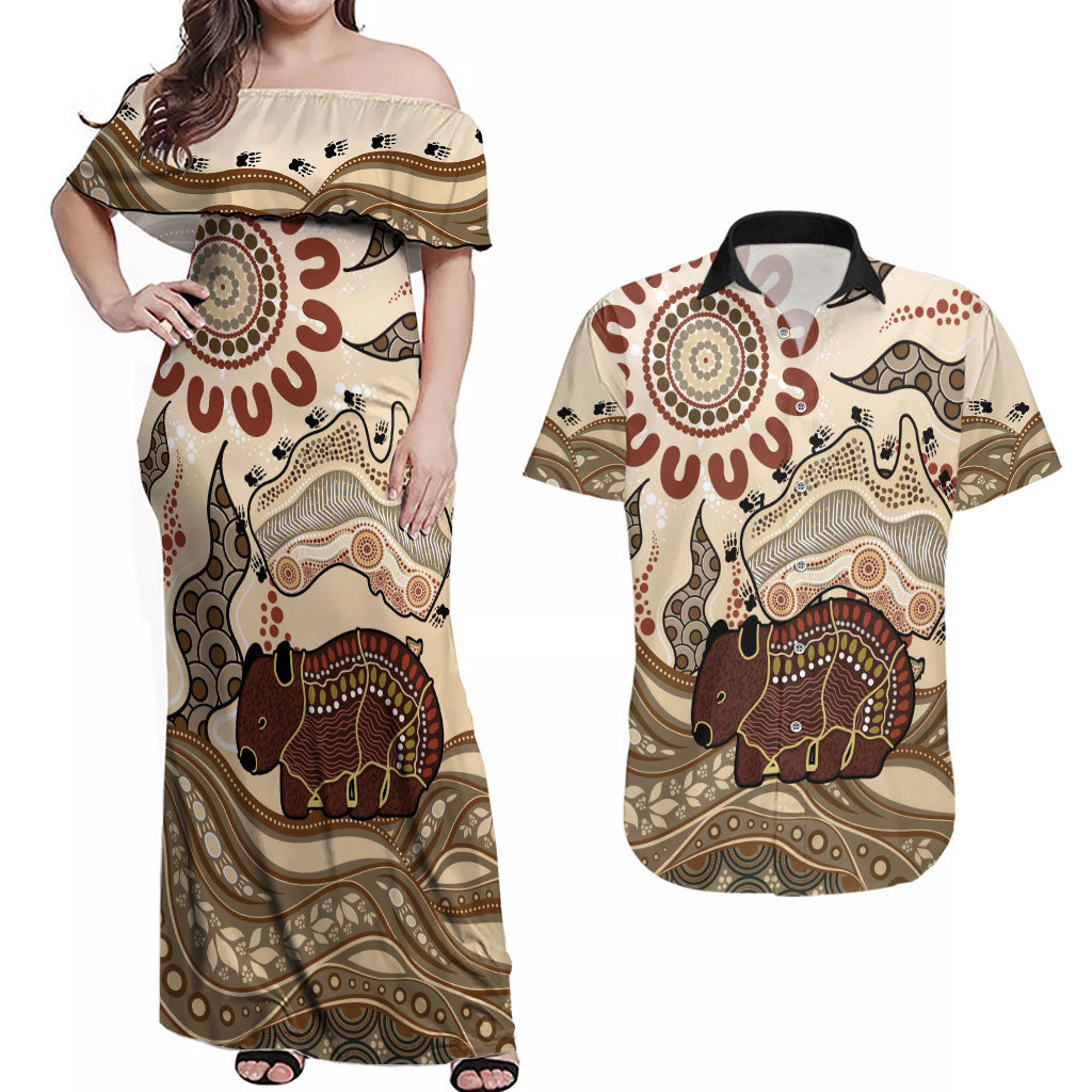 Australia Wombat Couples Matching Off Shoulder Maxi Dress and Hawaiian Shirt Aussie Map Aboriginal Pattern