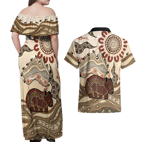 Australia Wombat Couples Matching Off Shoulder Maxi Dress and Hawaiian Shirt Aussie Map Aboriginal Pattern