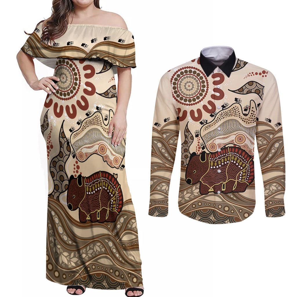 Australia Wombat Couples Matching Off Shoulder Maxi Dress and Long Sleeve Button Shirt Aussie Map Aboriginal Pattern